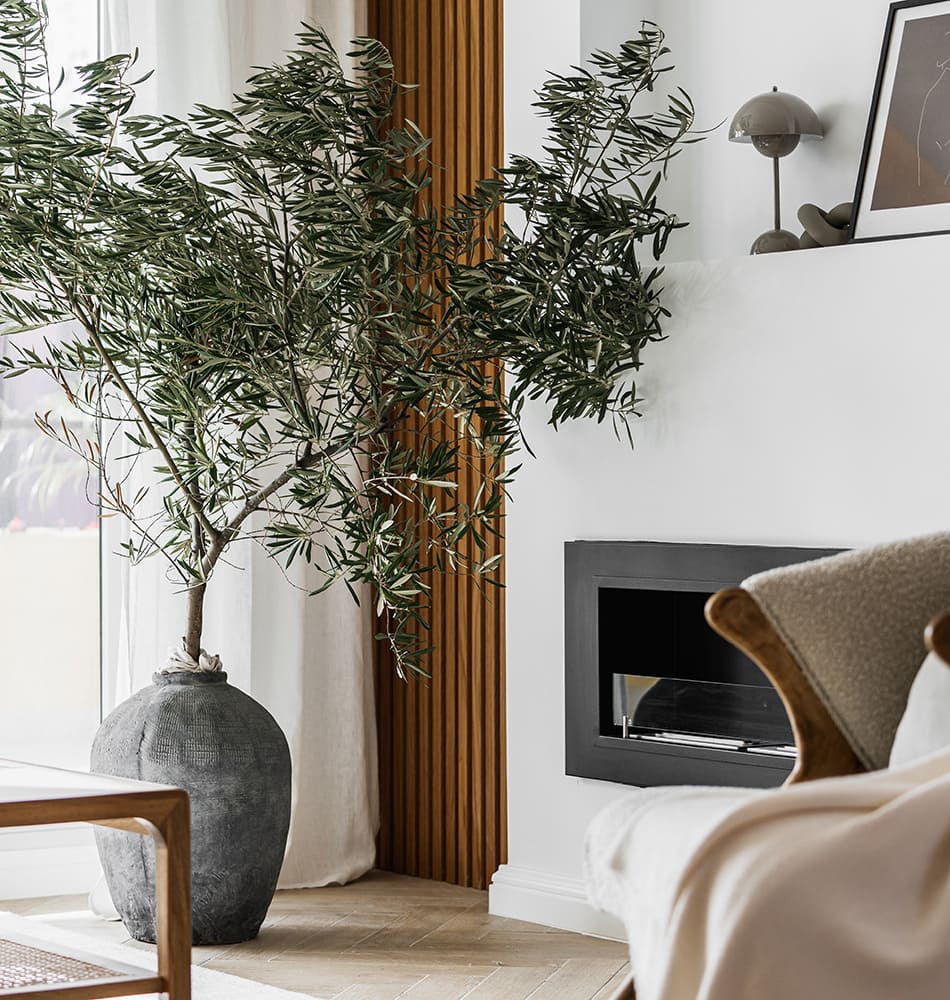 Scandinavian meets Mediterranean charm: A cozy corner with a small olive tree, wooden paneling, and a contemporary open fireplace.